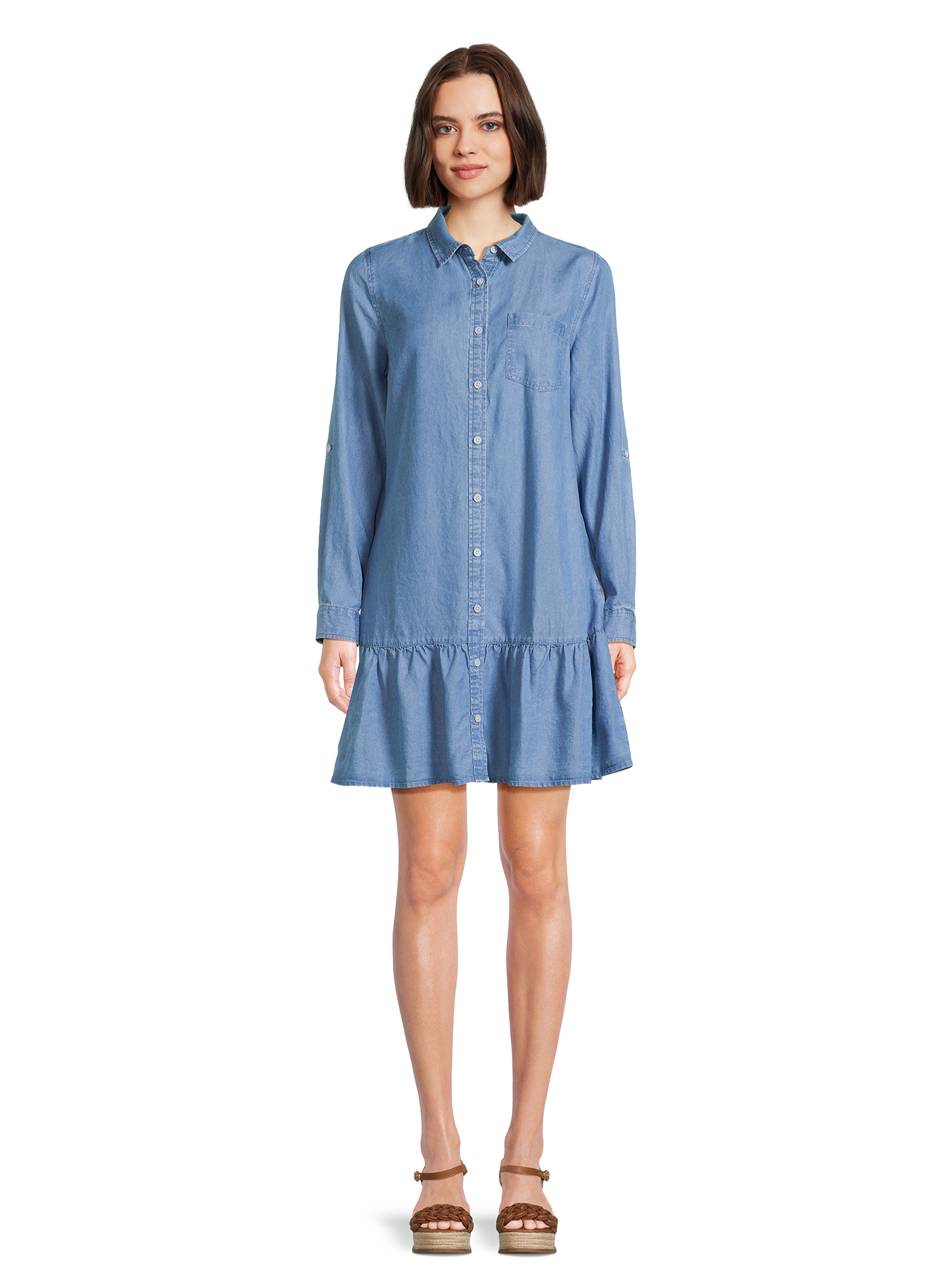 Time and Tru Women's Mini Shirt Dress with Long Sleeves, Sizes XS-3XL - image 1 of 5
