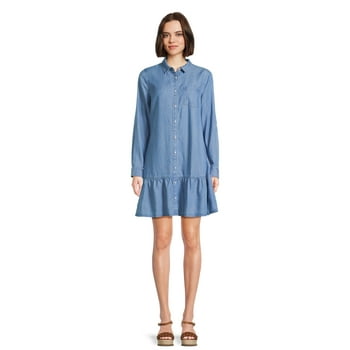 Time and Tru Women's Mini Shirt Dress with Long Sleeves, Sizes XS-3XL