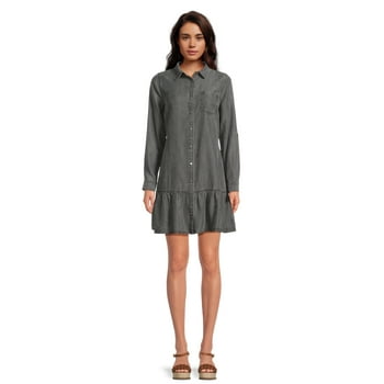 Time and Tru Women's Mini Shirt Dress with Long Sleeves
