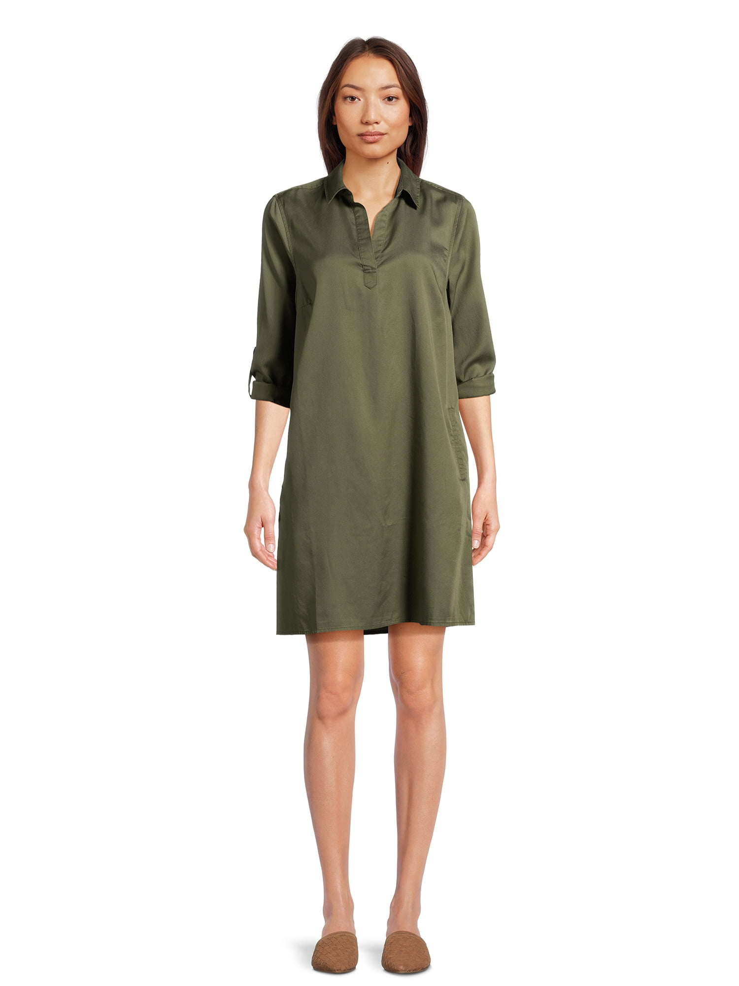 Time and Tru Women's Mini Shirt Dress with Sleeves, Sizes XS-3XL