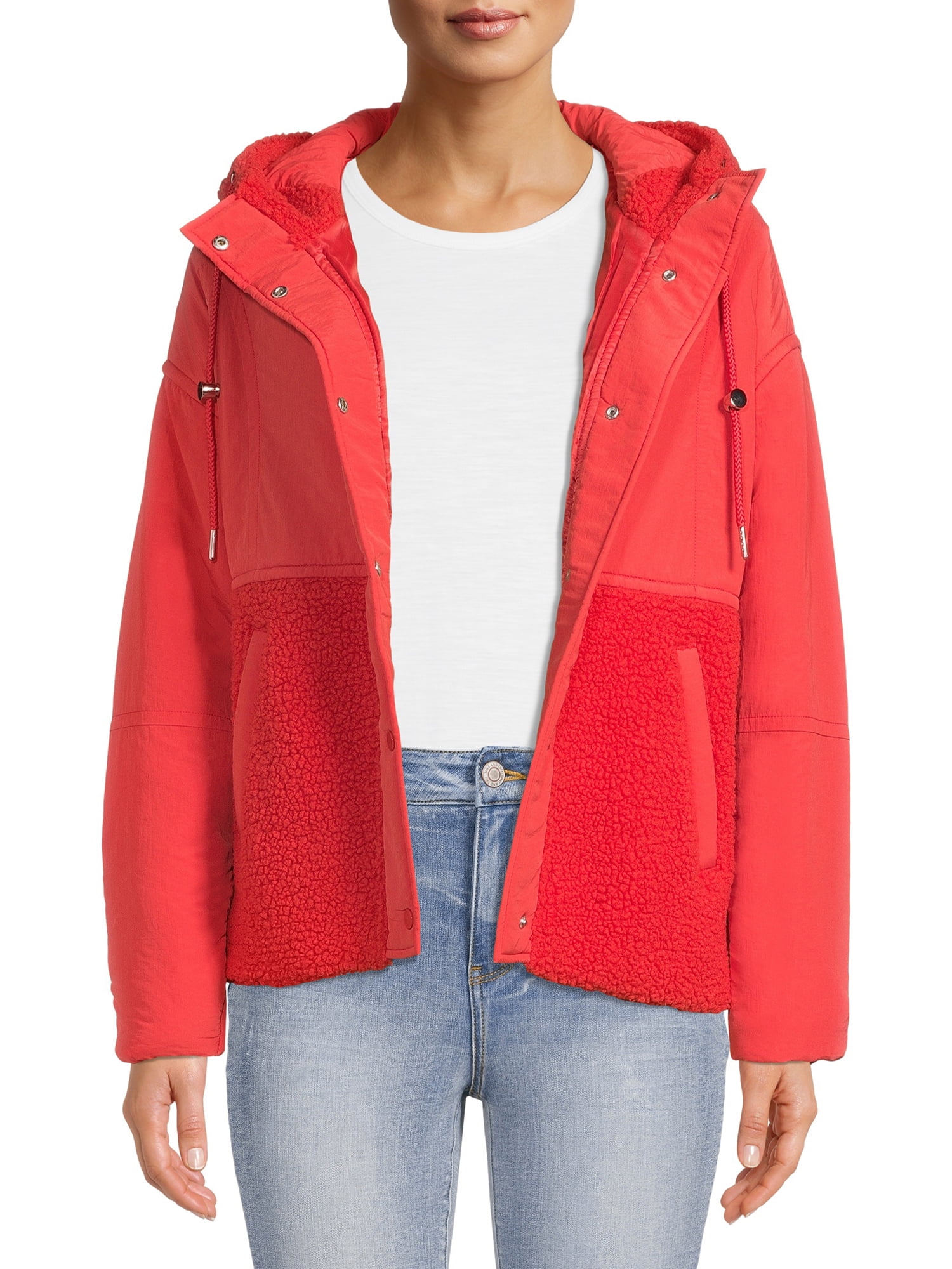 Time and Tru Women’s Mix Media Faux Sherpa Hooded Jacket