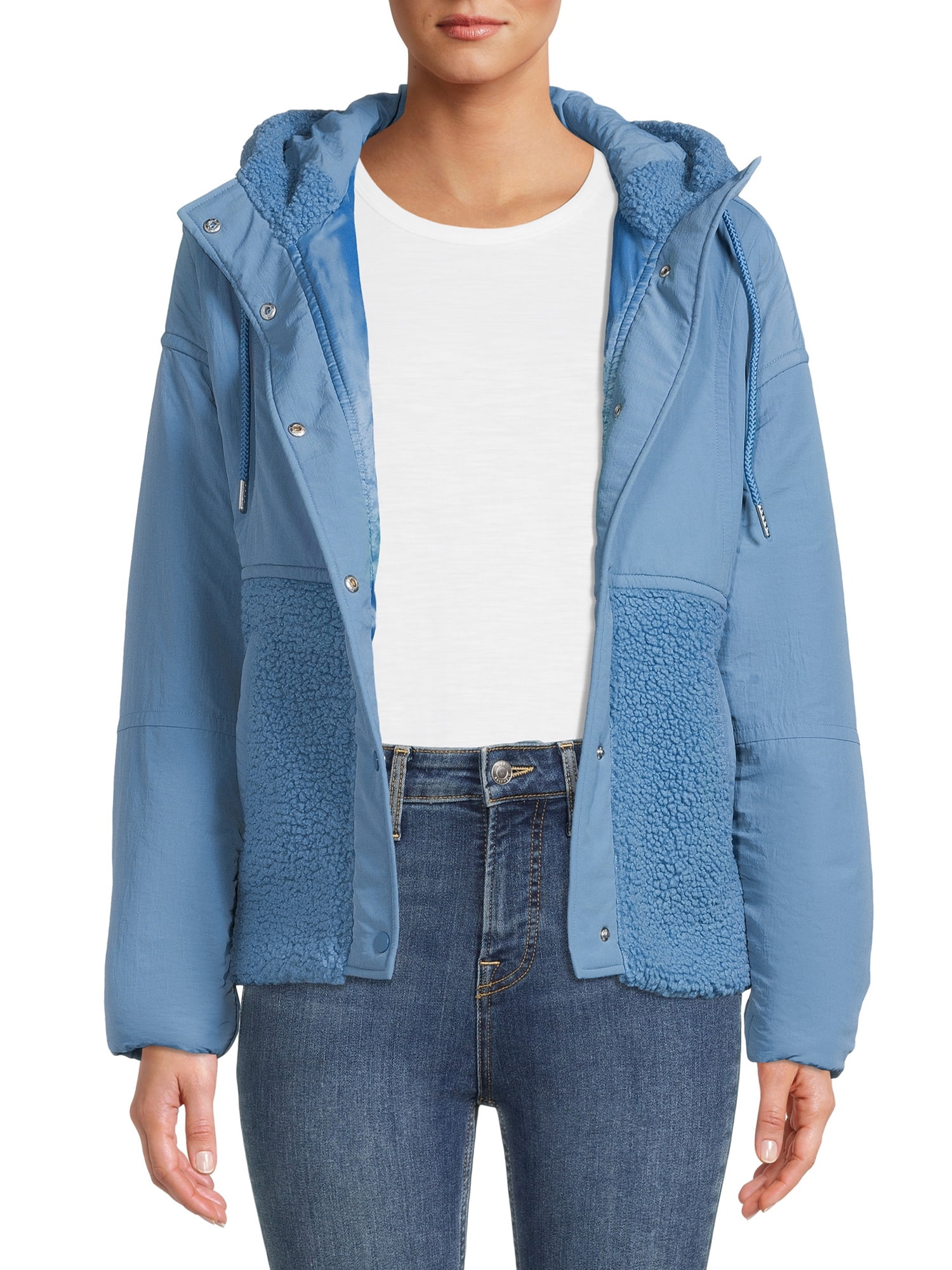 Time and Tru Women’s Mix Media Faux Sherpa Hooded Jacket