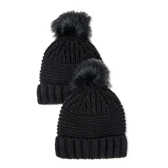 Time and Tru Women’s Mixed Knit Pom Beanie, 2-Pack
