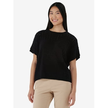 Time and Tru Women's Mixed Knit Sweater with Short Sleeves, Lightweight, Sizes XS-XXXL