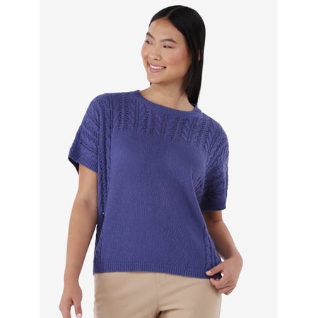 Time and Tru Women's Mixed Knit Sweater with Short Sleeves, Lightweight, Sizes XS-XXXL