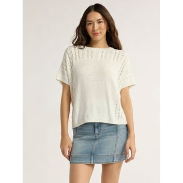 Time and Tru Women's Mixed Knit Sweater with Short Sleeves, Lightweight, Sizes XS-XXXL