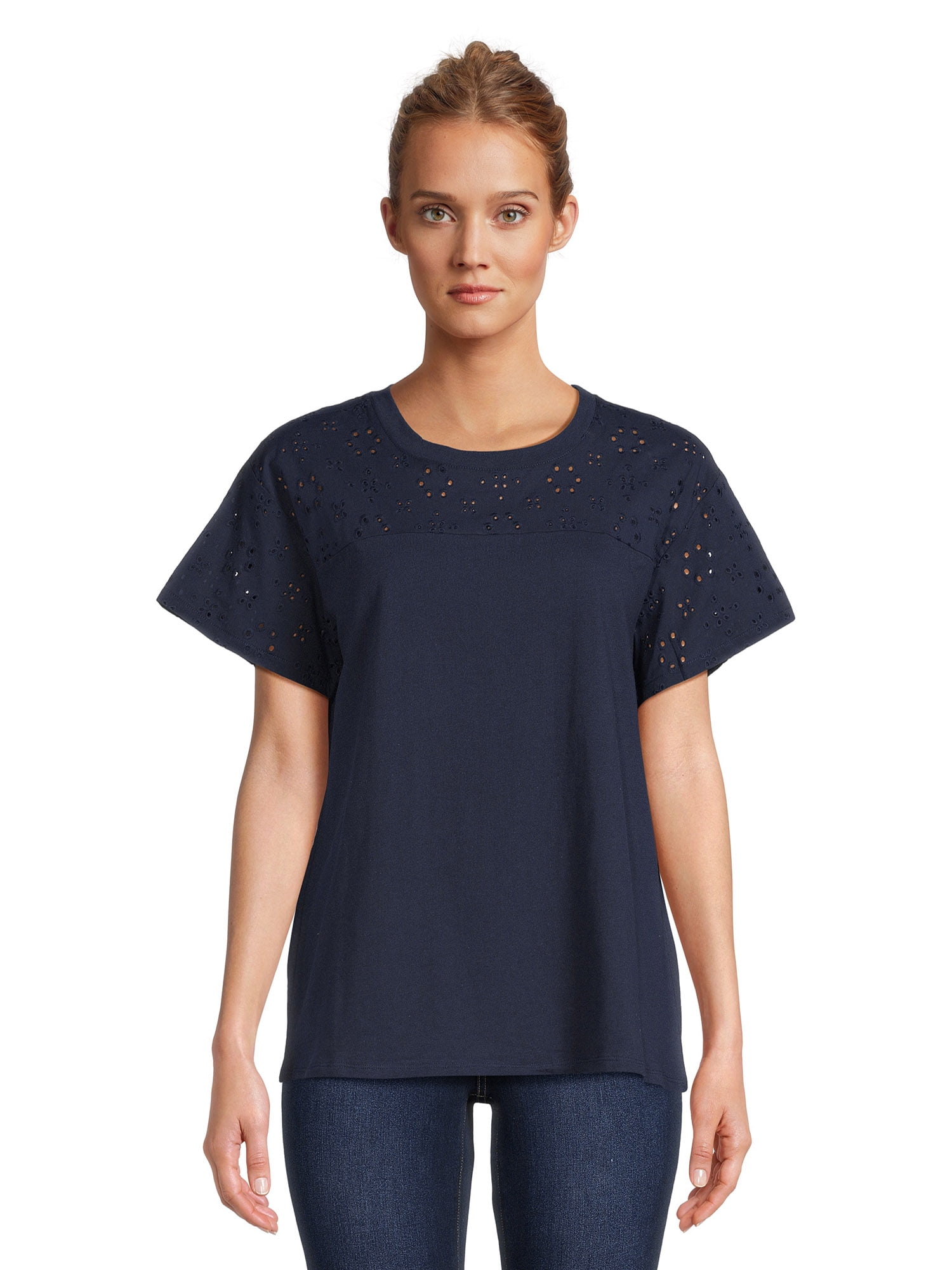 Time and Tru Women's Mixed Media Eyelet Combo Crew Neck Top, XSXXXL