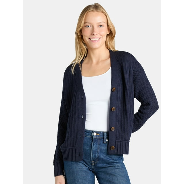 Time and Tru Women’s Mixed Stitch Cardigan Sweater, Midweight, Sizes XS-XXXL
