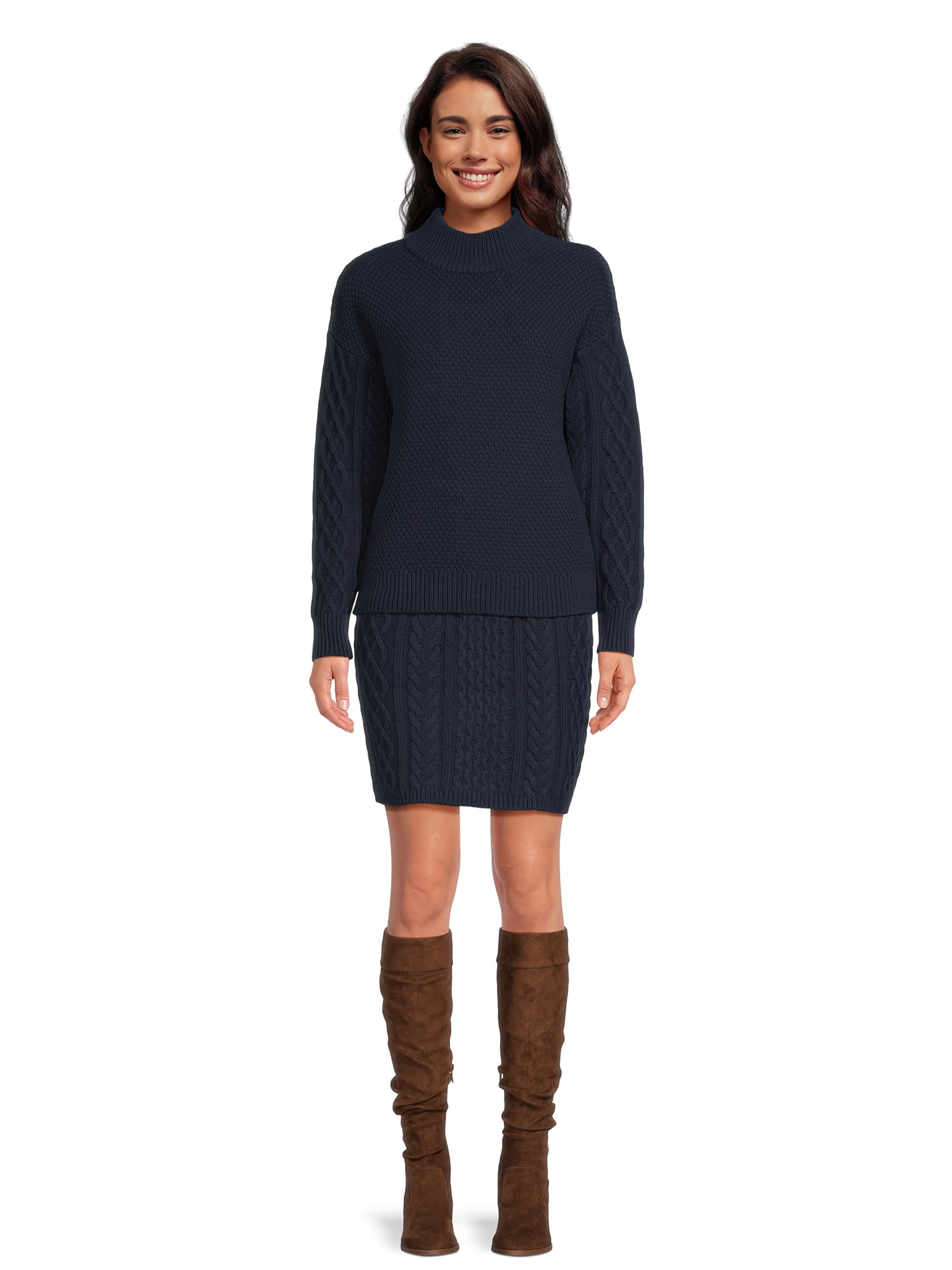 Time and Tru Women's Mock Neck Cable Knit Sweater and Skirt Set, 2