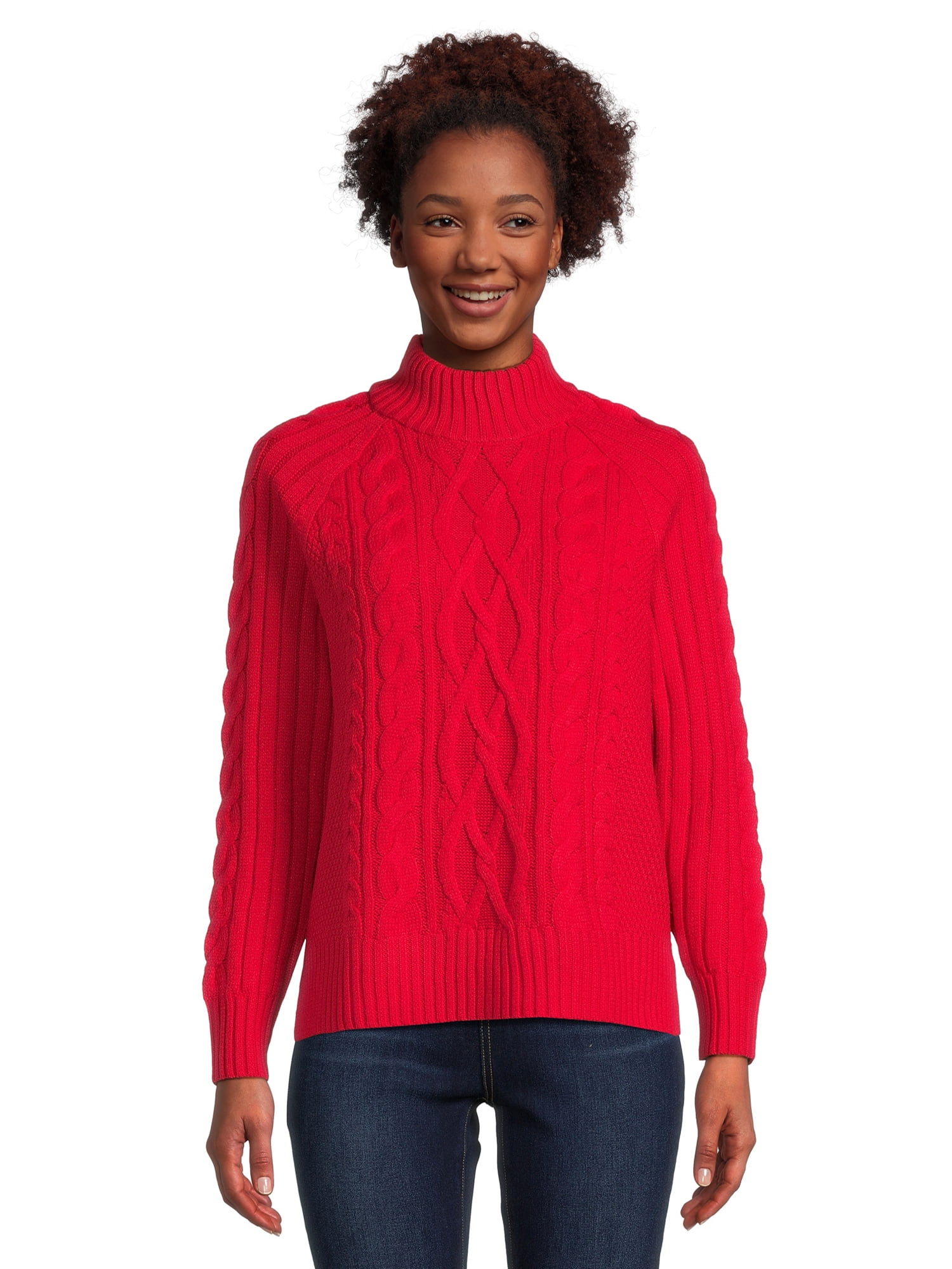 Time and Tru Women's Mock Neck Cable Pullover Sweater, Midweight, Sizes ...
