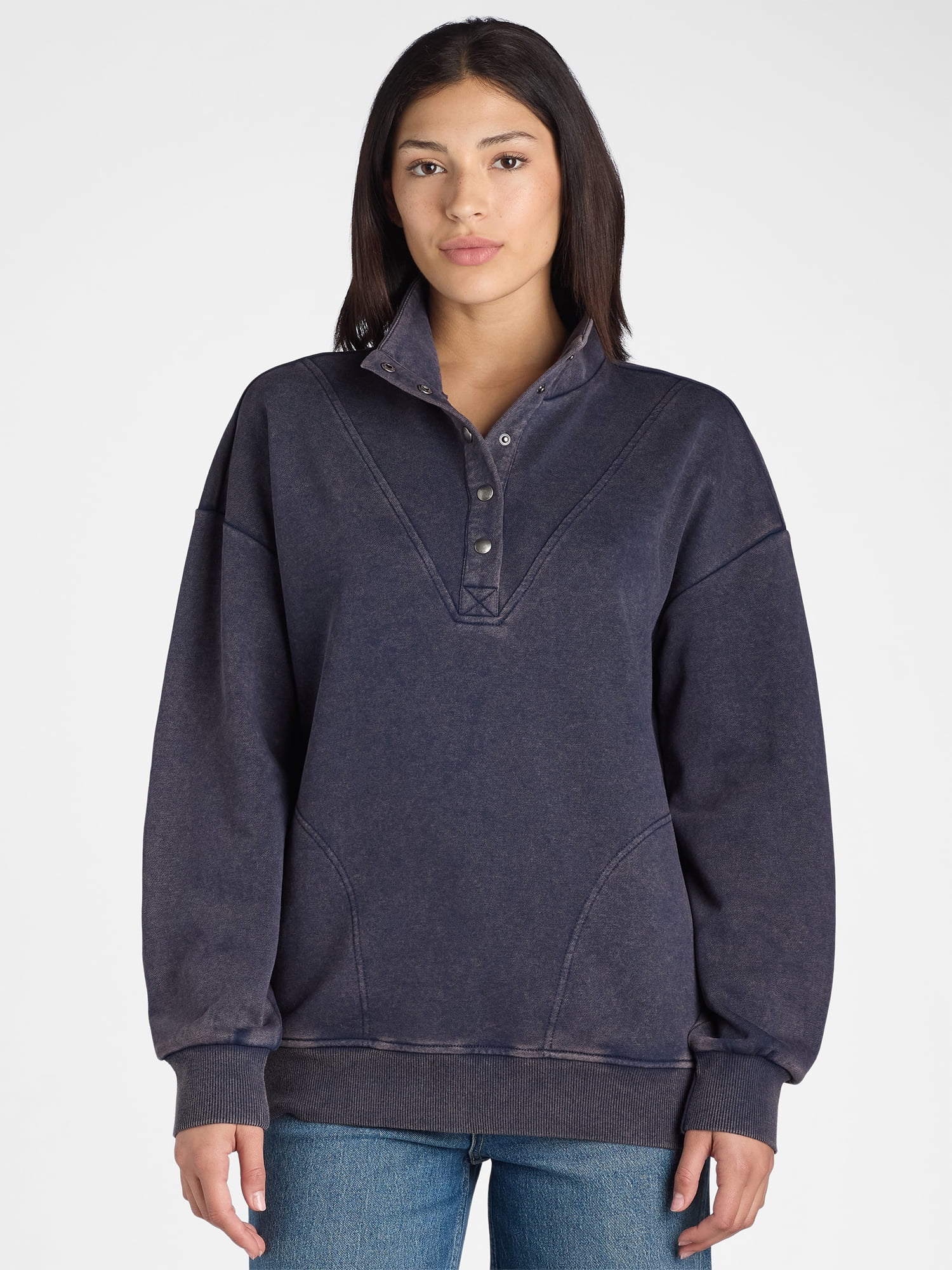 Time and Tru Women's Mock Neck Henley Pullover Sweatshirt, Sizes XS-XXXL
