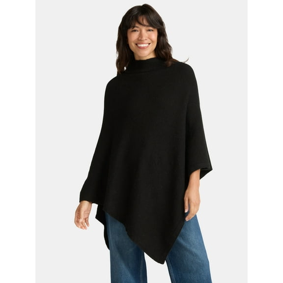 Time and Tru Women's Mock Neck Poncho, L/XL, Black