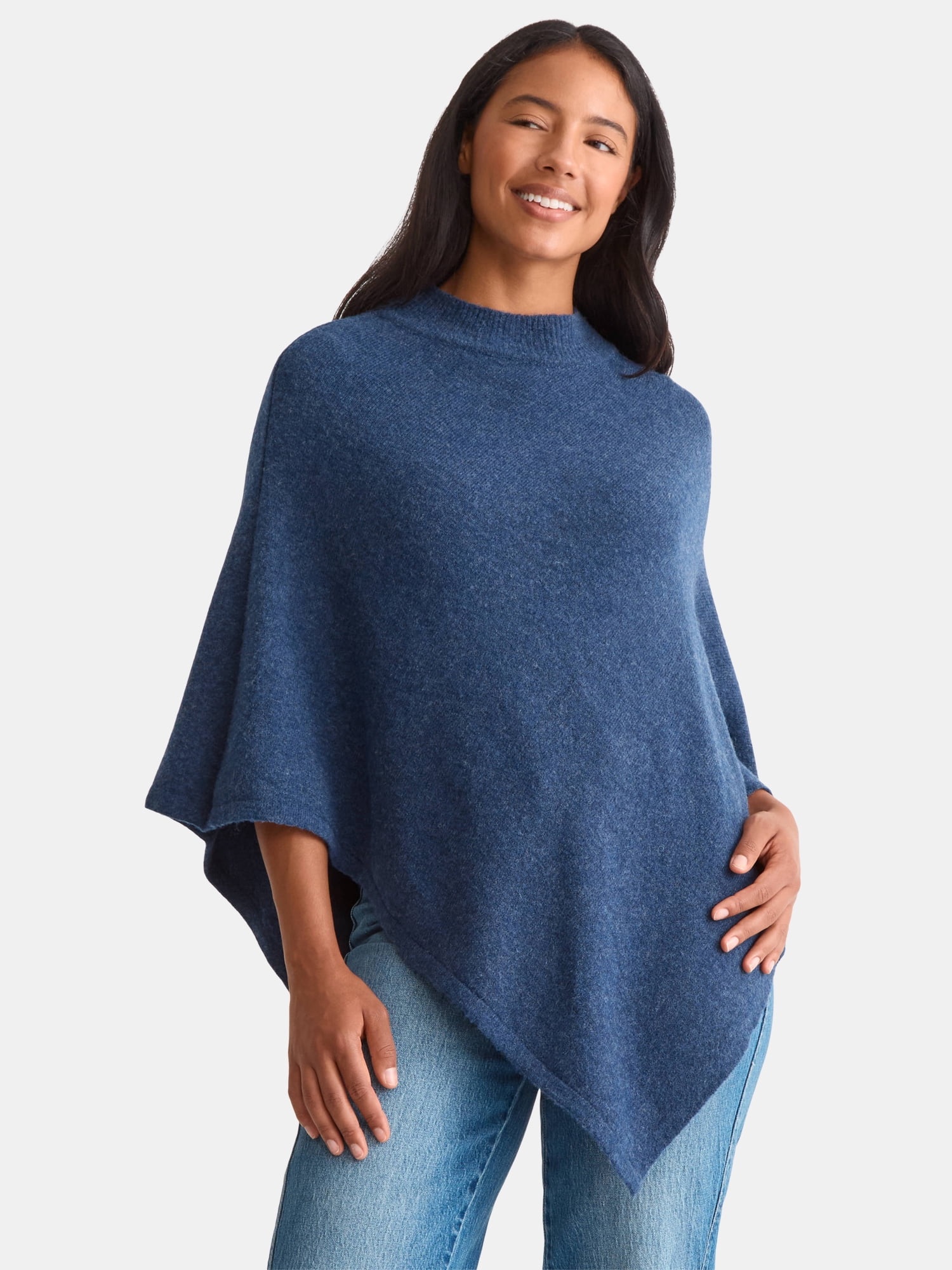 Time and Tru Women's Mock Neck Poncho, L/XL, Blue