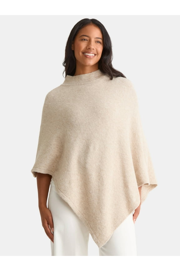 Women's Mock Neck Poncho, L/XL, Oatmeal