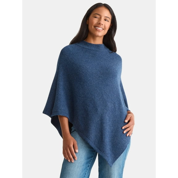 Time and Tru Women's Mock Neck Poncho, S/M, Blue