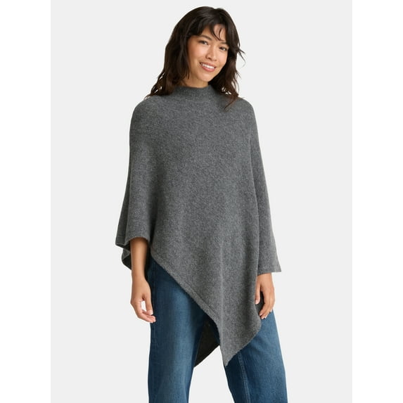 Time and Tru Women's Mock Neck Poncho, S/M, Charcoal Heather Grey