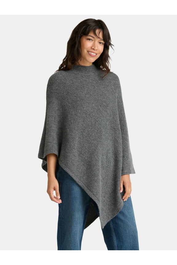 Women's Mock Neck Poncho, S/M, Charcoal Heather Grey