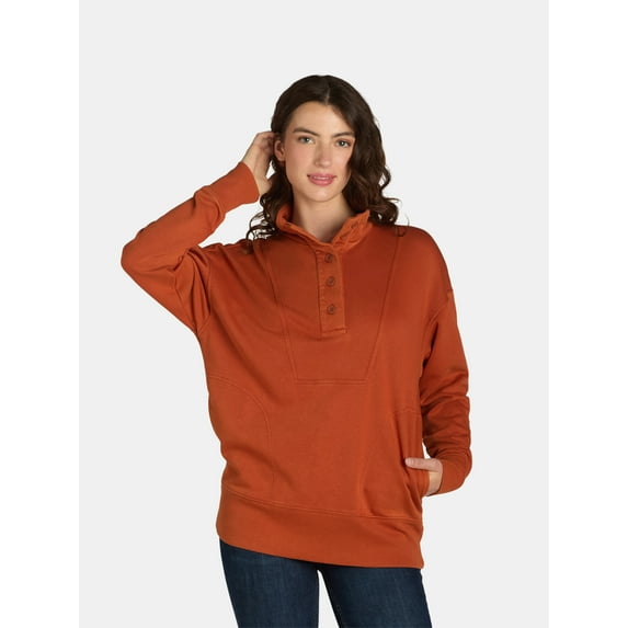 Time and Tru Women's Mock Neck Sweatshirt with Button Placket, Sizes XS-XXXL