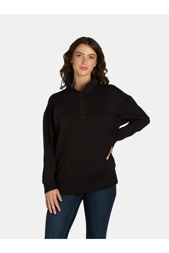 Women's Mock Neck Sweatshirt with Button Placket, Sizes XS-XXXL