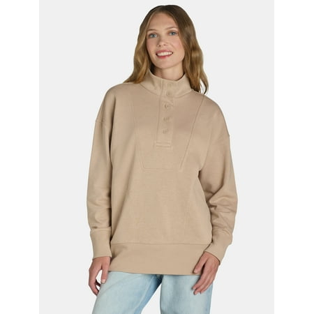 Time and Tru Women's Mock Neck Sweatshirt with Button Placket, Sizes XS-XXXL