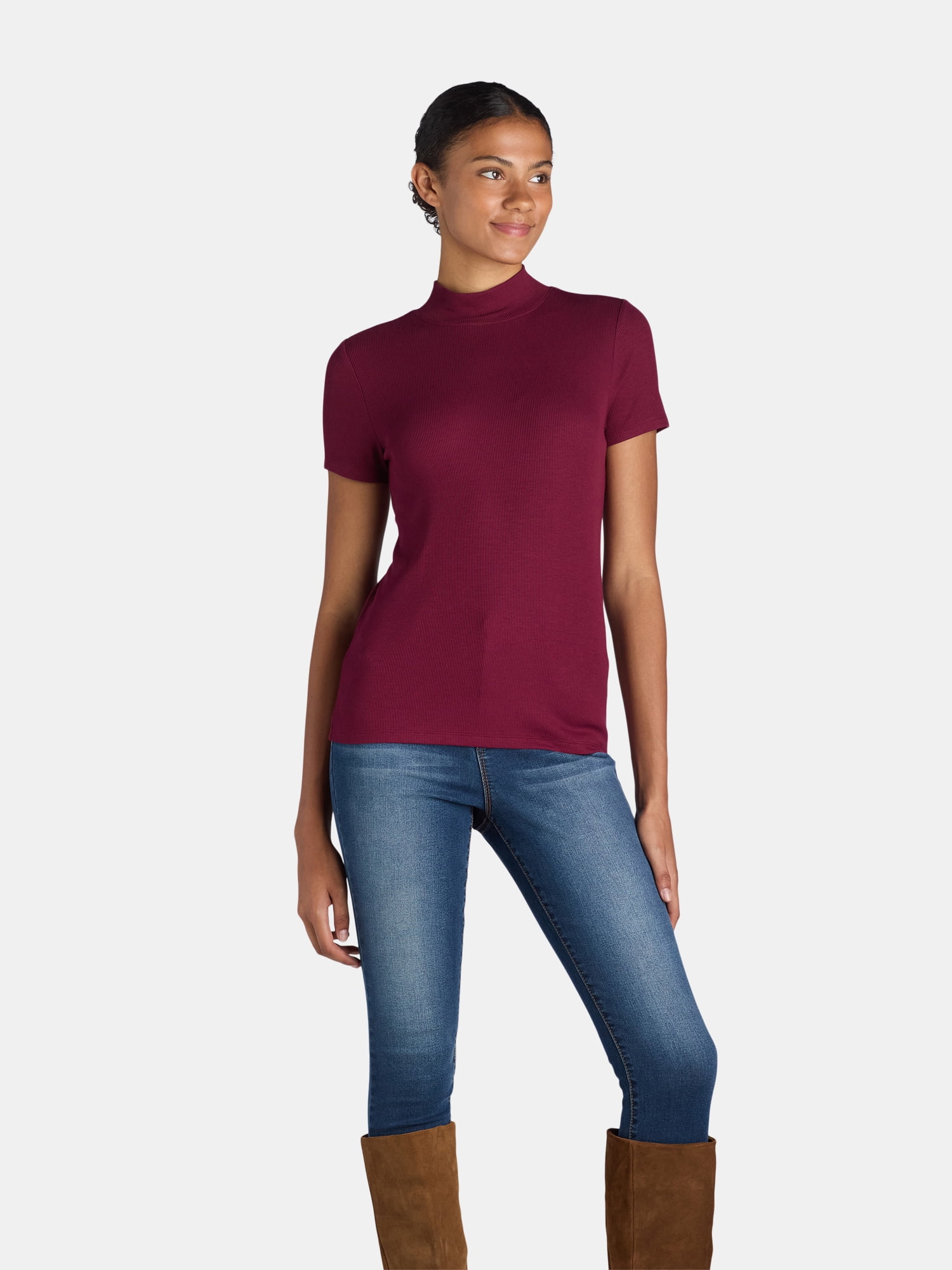 Time and Tru Women's Short Sleeve Mock Neck, Sizes S-XXXL