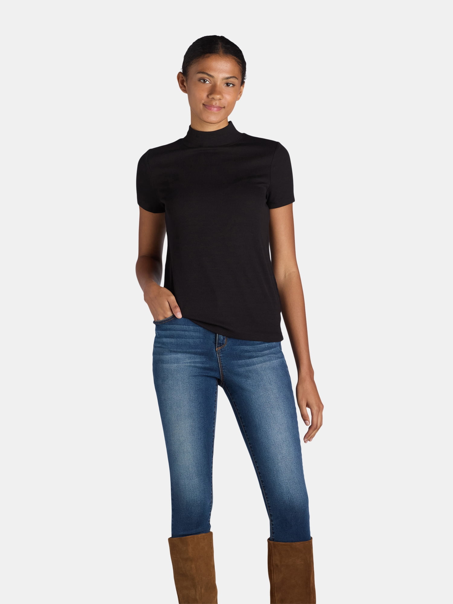 Time and Tru Women's Short Sleeve Mock Neck, Sizes S-XXXL