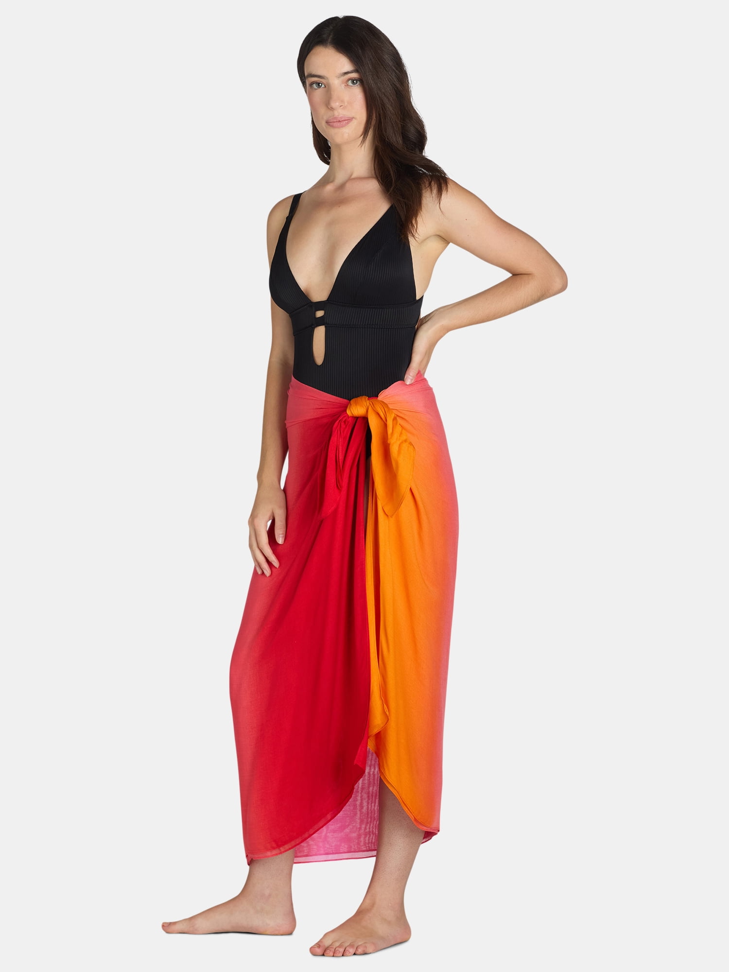 Time and Tru Women's Ombre Print Pareo, One Size, Orange/Red