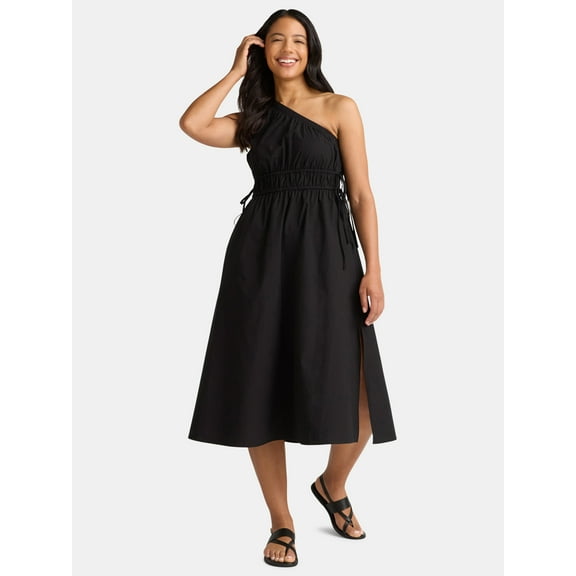 Time and Tru Women's One Shoulder Cotton Midi Dress, Sizes XS-XXXL