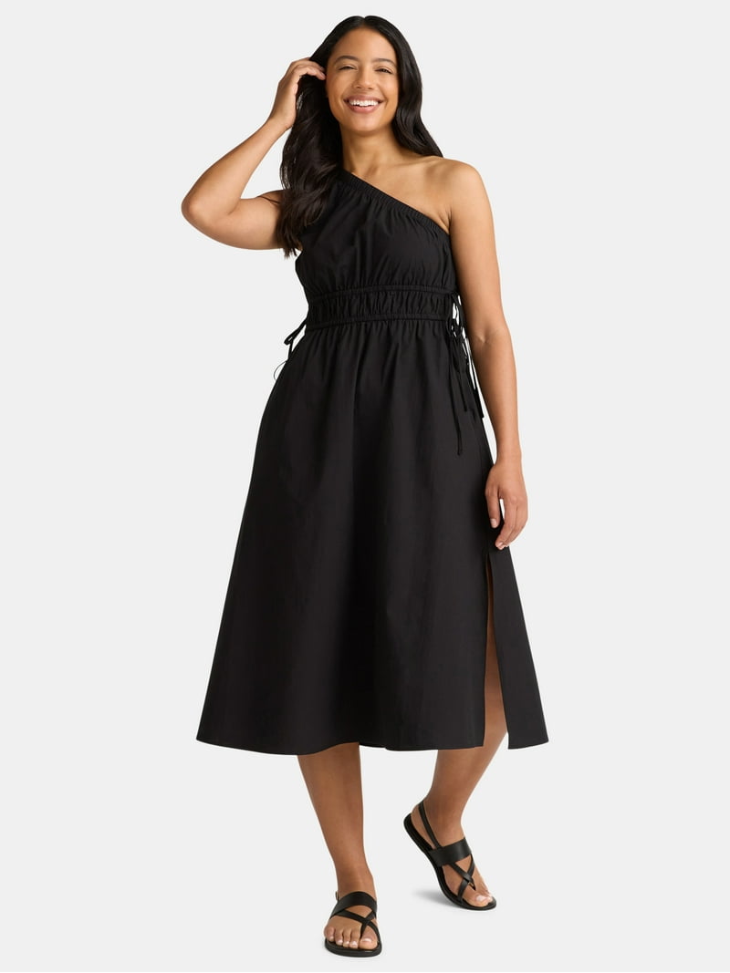 Time and Tru Women's One Shoulder Cotton Midi Dress, Sizes XS-XXXL Time and Tru Women's One Shoulder Cotton Midi Dress, Sizes XS-XXXL