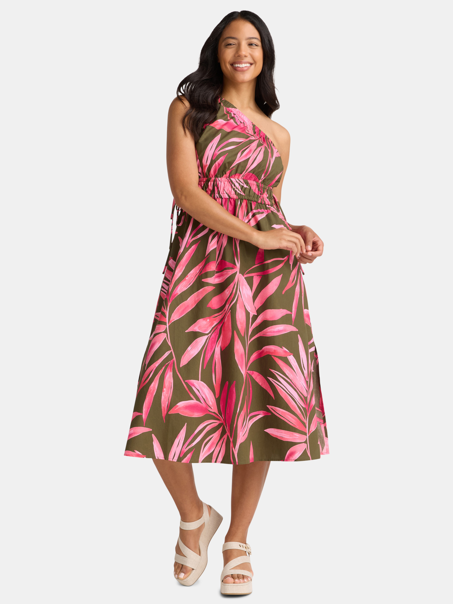 Time and Tru Women's One Shoulder Cotton Midi Dress, Sizes XS-XXXL