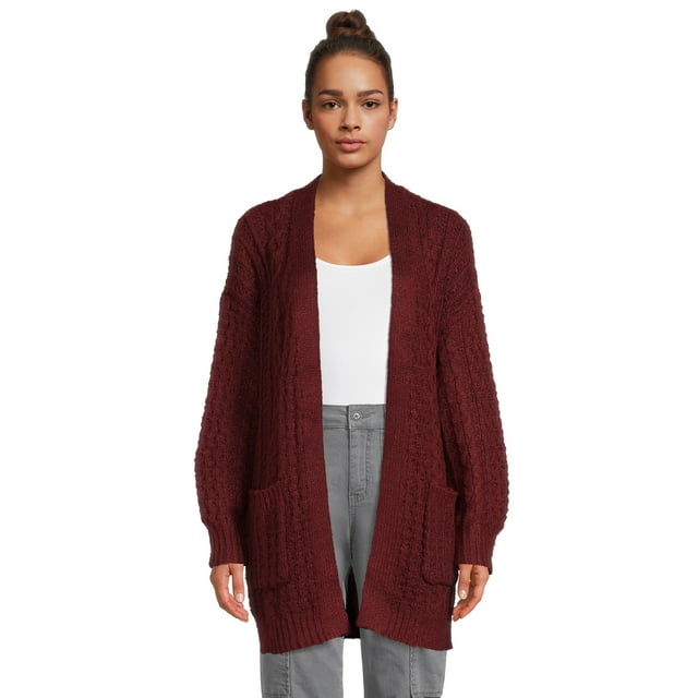 Time and Tru Women's Open Front Cable Knit Cardigan, Heavyweight ...