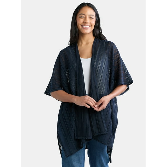 Time and Tru Women's Polyester Open Knit Ruana, One Size, Navy