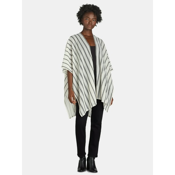 Time and Tru Women's Polyester Open Knit Ruana, One Size, White/Black