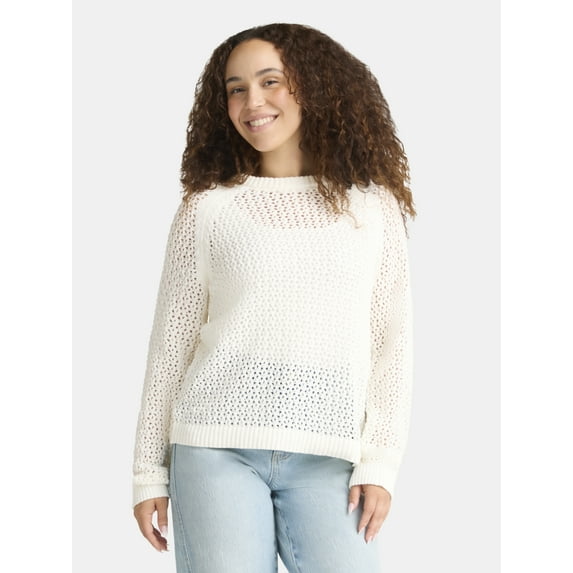 Time and Tru Women's Open Work Sweater with Long Sleeves, Sizes XS-XXXL