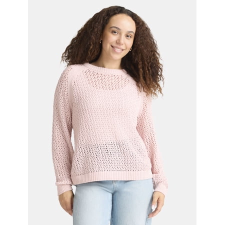Time and Tru Women's Open Work Sweater with Long Sleeves, Lightweight, Sizes XS-XXXL