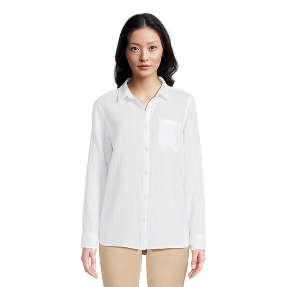 Time and Tru Women's Oversized Button Front Shirt, Sizes XS-XXXL
