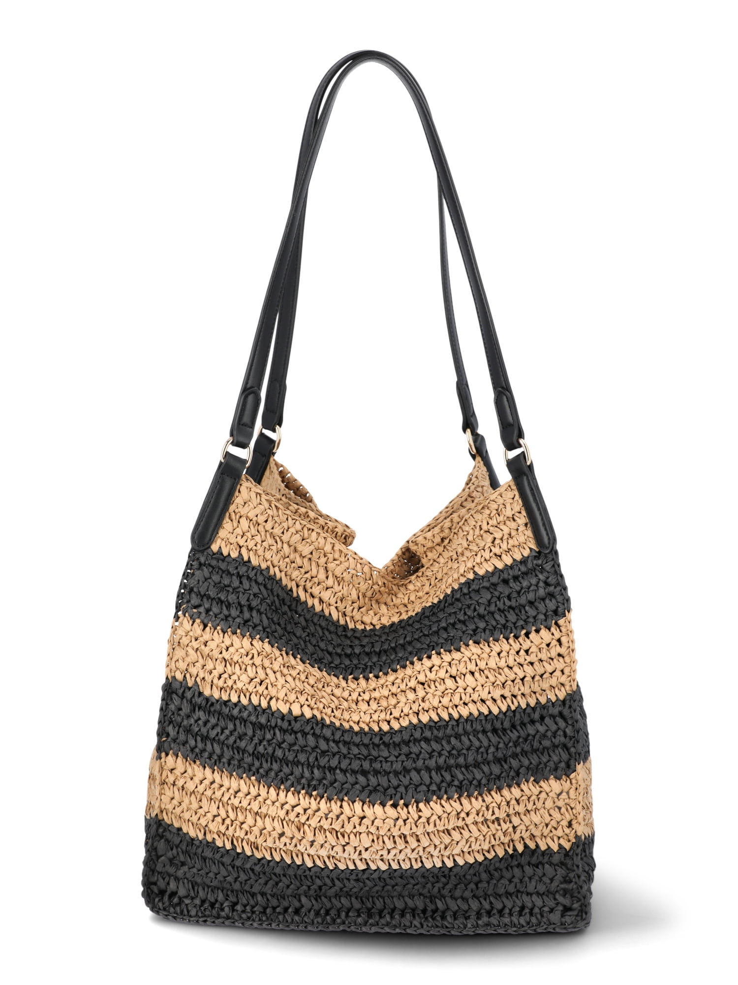 Time and Tru Women's Packable Straw Tote, Stripe