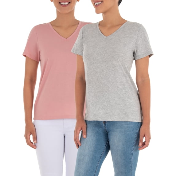 Time and Tru Women's Pima Cotton Blend V Neck Tee, 2-Pack, Sizes XS-XXXL