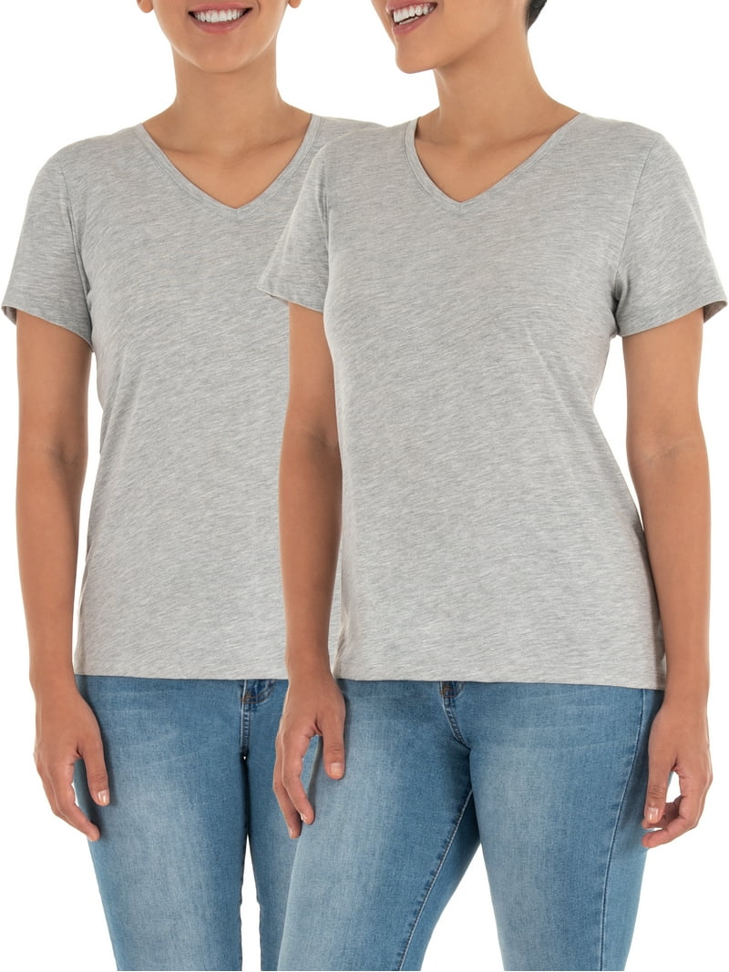 Time & Tru Women's Pima Cotton V-Neck T-Shirt 2-Pack, Basics