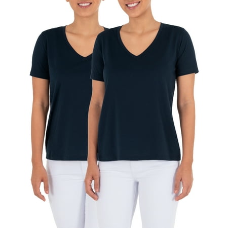 Time and Tru Women's Pima Cotton Blend V Neck Tee, 2-Pack, Sizes XS-XXXL