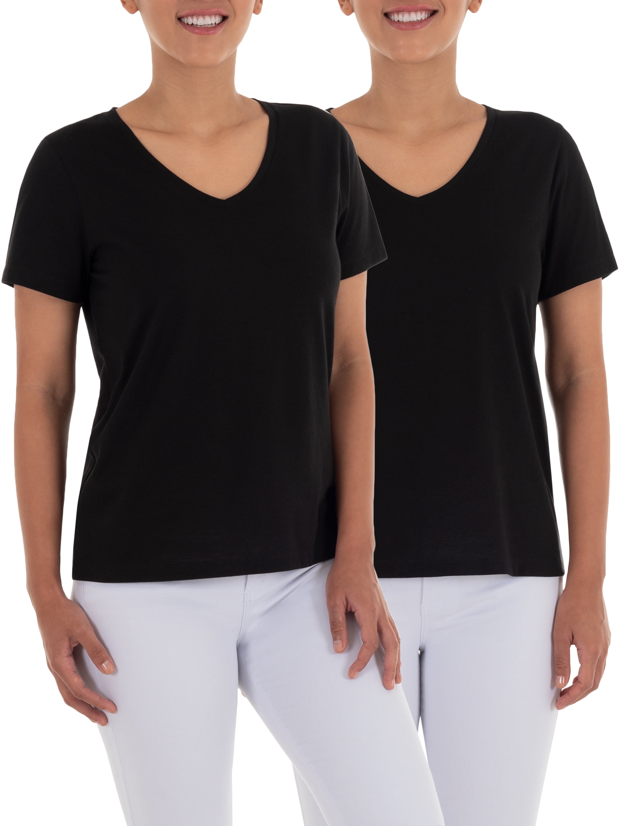 Time and Tru Women's Pima Cotton Blend V Neck Tee, 2-Pack, Sizes XS-XXXL