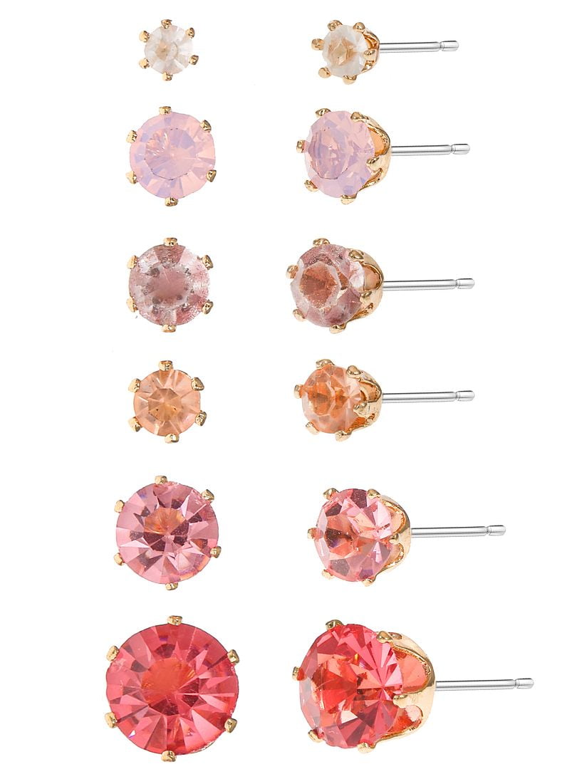 Time and Tru Women's Pink Crystal Stud Earring Collection, 6 Pairs