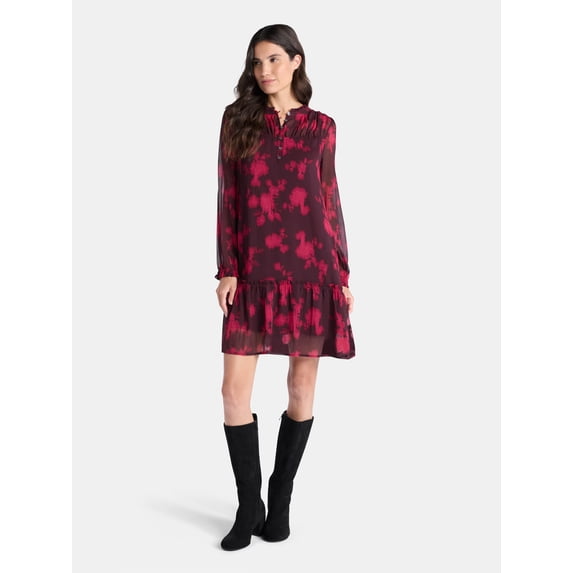 Time and Tru Women's Pintuck Yoke Dress with Long Sleeves, Sizes XS-XXXL