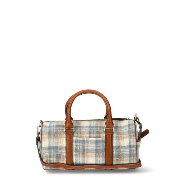 Time and Tru Women's Plaid Barrel Crossbody Bag, Cognac