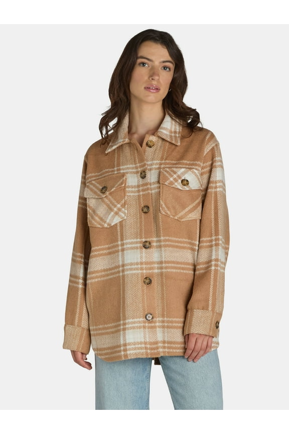 Women's Plaid Button Front Shacket, XS-XXXL