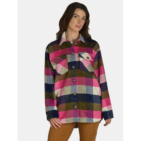 Time and Tru Women's Plaid Button Front Shacket, XS-XXXL