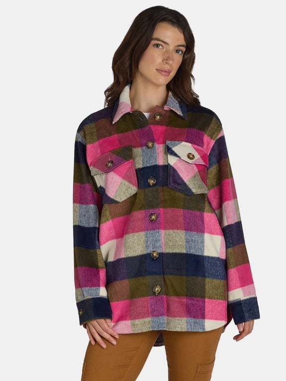 Women's Plaid Button Front Shacket, XS-XXXL