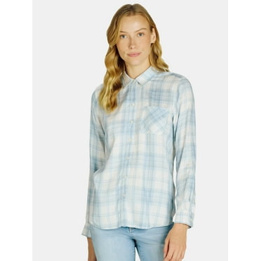 Time and Tru Women's Plaid Button Front Soft Shirt with Long Sleeves, Sizes S-XXXL