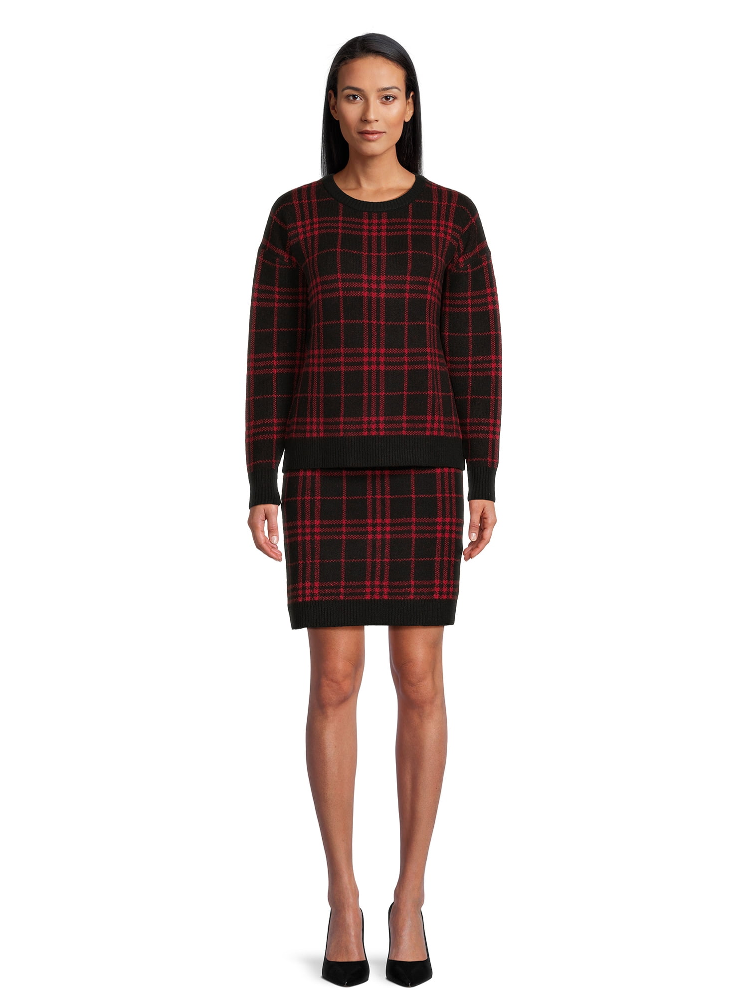 Plaid Round Neck Top and Skirt Sweater Set