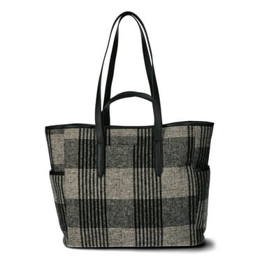 Time and Tru Women's Plaid Double Handle Large Tote Bag, Black